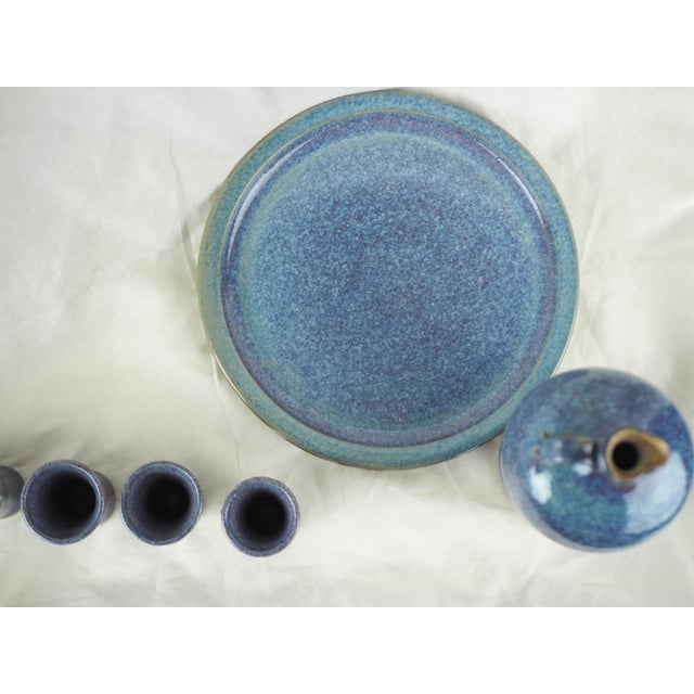 Ceramic Late 20th French Cottage Blue Ceramic Liquor Set - One Decanter, Six Goblets, One Plate- 8 Pieces For Sale - Image 7 of 12