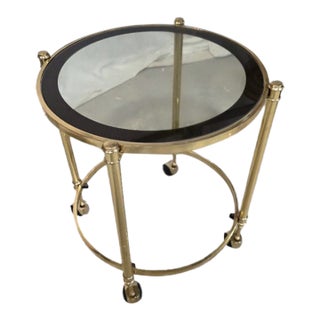 Mid 20th Century Round Brass-Tone & Glass Rolling Side Table – Hollywood Regency Style For Sale