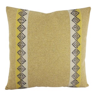 Yellow and Tan Mini Herringbone Embellished With Gray and Gold Fretwork Trim Pillow Cover with Kelly Wearstler Trim For Sale