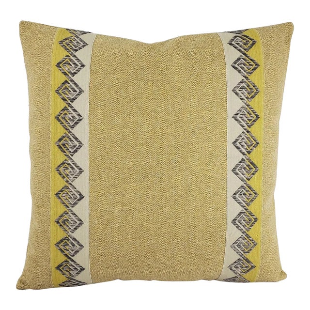 Yellow and Tan Mini Herringbone Embellished With Gray and Gold Fretwork Trim Pillow Cover with Kelly Wearstler Trim For Sale