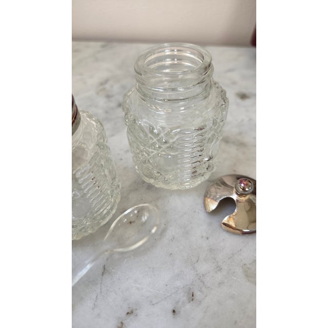 Vintage Patterned Glass and Silver-Plated Condiment Set With Lucite Spoon For Sale - Image 12 of 17