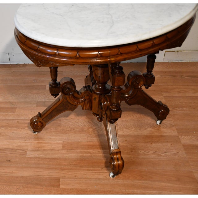 1880s Antique Victorian Renaissance Revival Walnut & Marble Top Center Table For Sale - Image 11 of 18