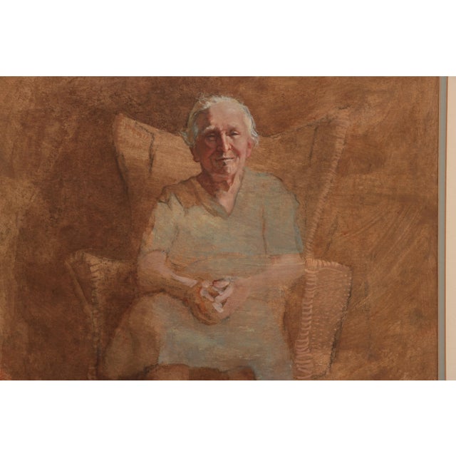 Original pastel & gouache portrait of an elderly woman, comfortably ensconced in a modernist wicker wingback chair. Double...