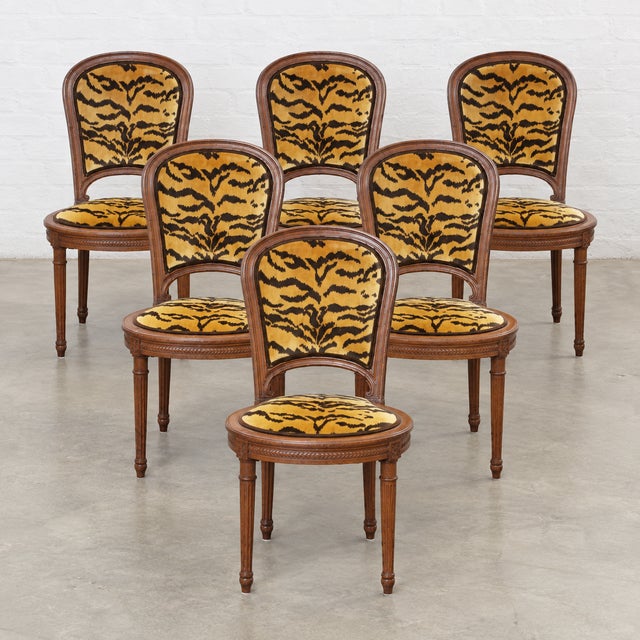 Set of 6 French Louis XVI Style Fruitwood Dining Chairs Scalamndre Tiger Velvet For Sale In Atlanta - Image 6 of 8