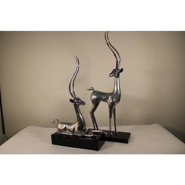 Late 20th Century Silver Plated Deer With Tall Antlers on Glossy Black Bases - Set of 2 For Sale - Image 9 of 13