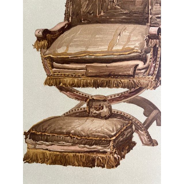 Rare nineteenth-century chromolithograph depicting an elaborate Renaissance Revival curule chair with matching floor...