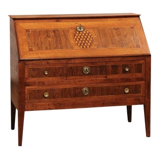 1790s French Walnut and Cherry Slant Front Desk with Marquetry Geometric Decor For Sale