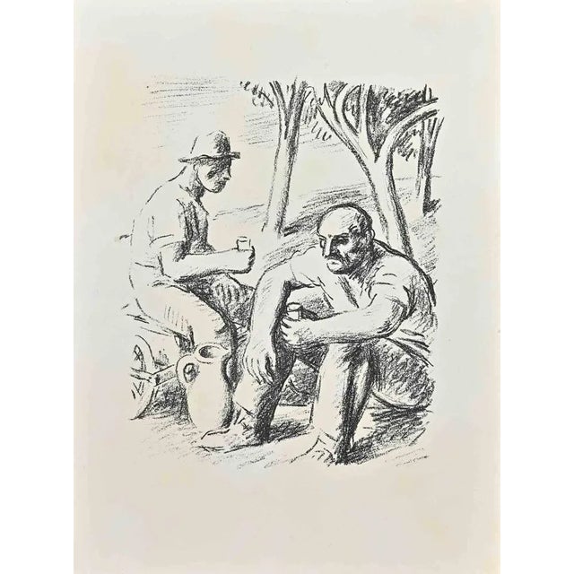 Farmers is a lithograph on ivory-colored paper realized by Wilhelm Gimmi in 1955 ca. Very Good Conditions. Not signed, as...