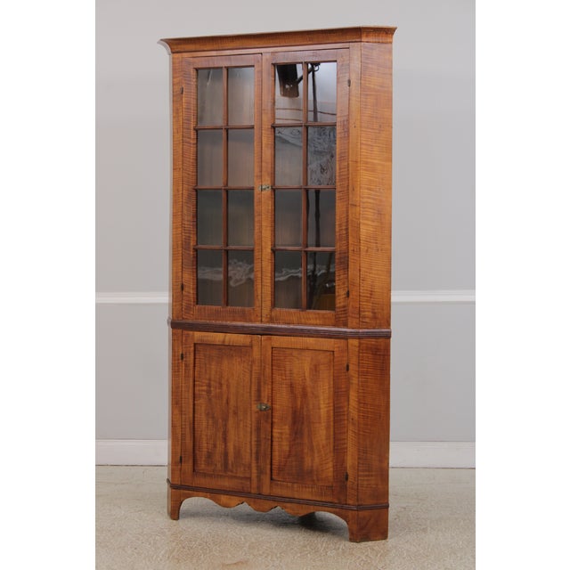 American American Early 17th C. Tiger Maple Corner China Cabinet For Sale - Image 3 of 14