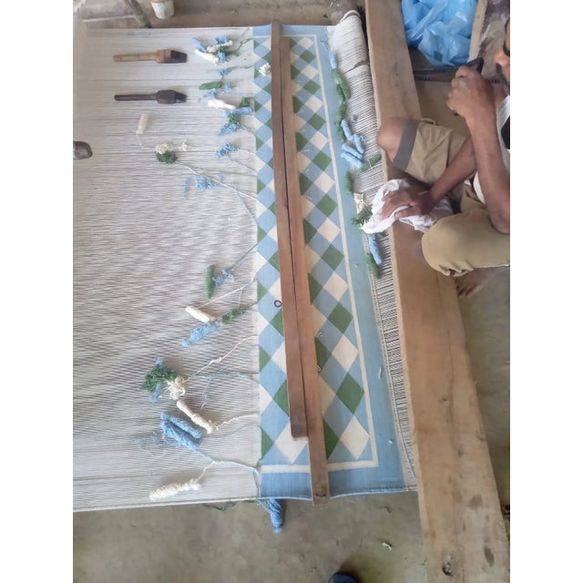 Handmade Cotton Area Rug, Forest Green, Sky Blue and Cream Small Checked Dhurrie - 9'x12' For Sale - Image 12 of 13