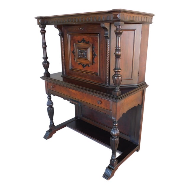 Antique Mahogany Jacobean Style Petite Size Drop Front Desk 37"w For Sale