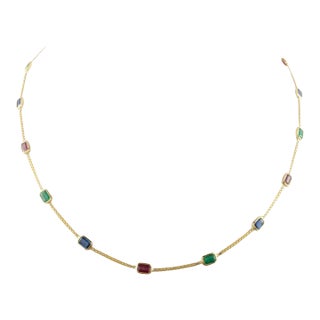 3.85ct Emerald Ruby Sapphire Choker Necklace in 18k Gold For Sale