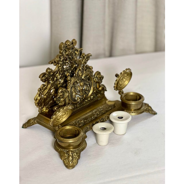 1900s Baroque Style Brass Inkwell Set and Letter Holder Stand For Sale - Image 4 of 12