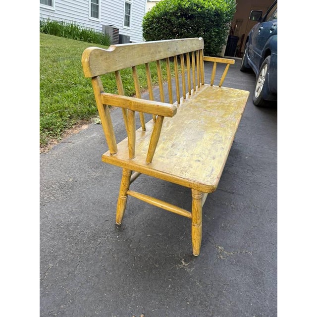 Mid 20th Century Vintage Early American Primitive Style Yellow Painted Deacon's Bench For Sale - Image 5 of 18