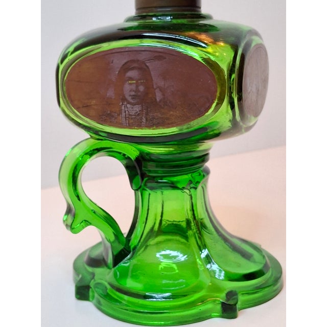 Antique Emerald Green Glass Kerosene Finger Lamp 4-Panel Portrait Pilgrim For Sale In Boston - Image 6 of 18