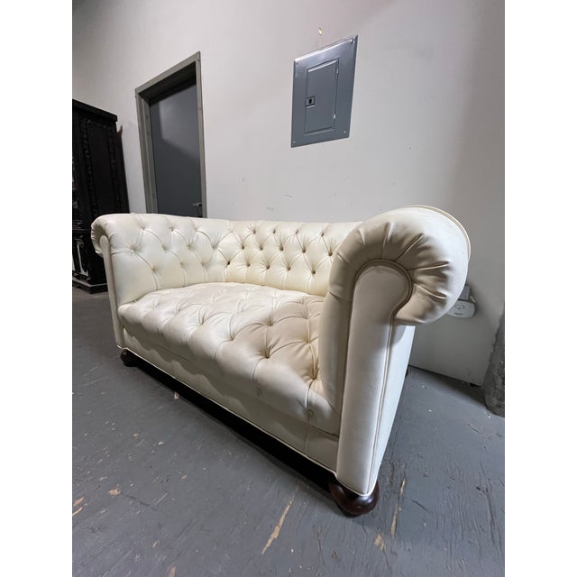 Ralph Lauren Vintage English Chesterfield Tufted Ivory Leatherette Loveseat Settee For Sale - Image 4 of 9