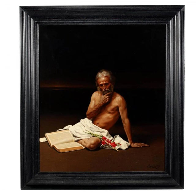 1980s Large Allegory Oil Painting in Frame by Greek Artist Angelos Panayiotou For Sale - Image 5 of 5