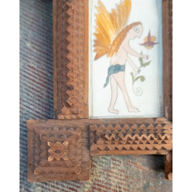 Early 20th Century Folk Art Tramp Art Double Picture Frame With Watercolors For Sale - Image 9 of 15