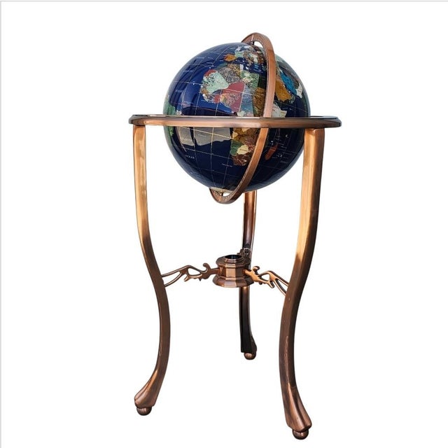 Royal Blue Vintage Gemstone Globe Lapis Lazuli and Semi Precious Stones Worldglobe on Stand For Sale - Image 8 of 17