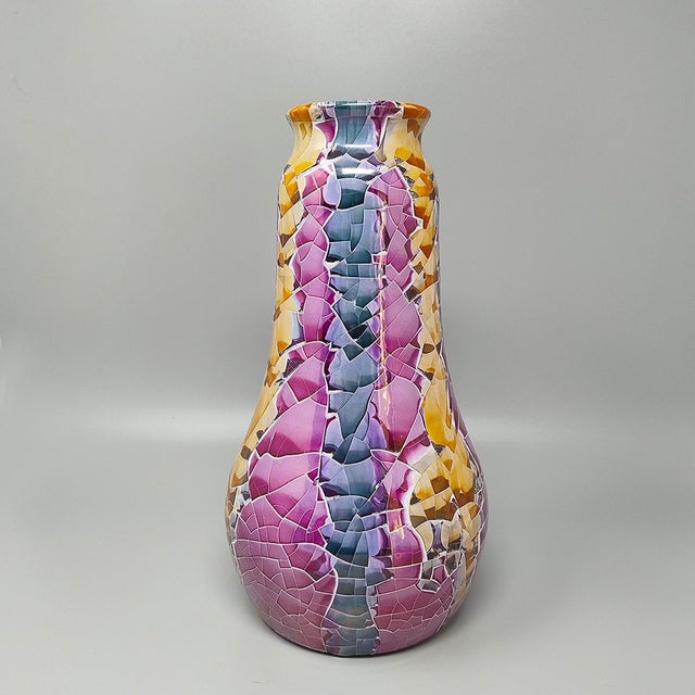 1990s Astonishing Giuseppe Locci polycrome craquelé vase in sardinian ceramic. It's in excellent condition. This vase is...