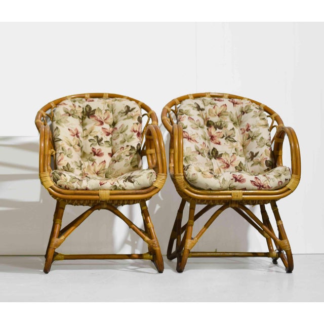 Contemporary Vintage Palm Beach 2 Strand Rattan Bamboo Chairs in the Style of Franco Albini - Set of 2 For Sale - Image 3 of 13