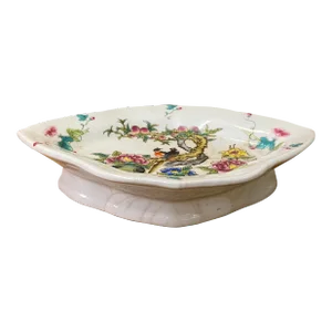 Chinese Off White Porcelain Peach Flower Rhombus Display Plate