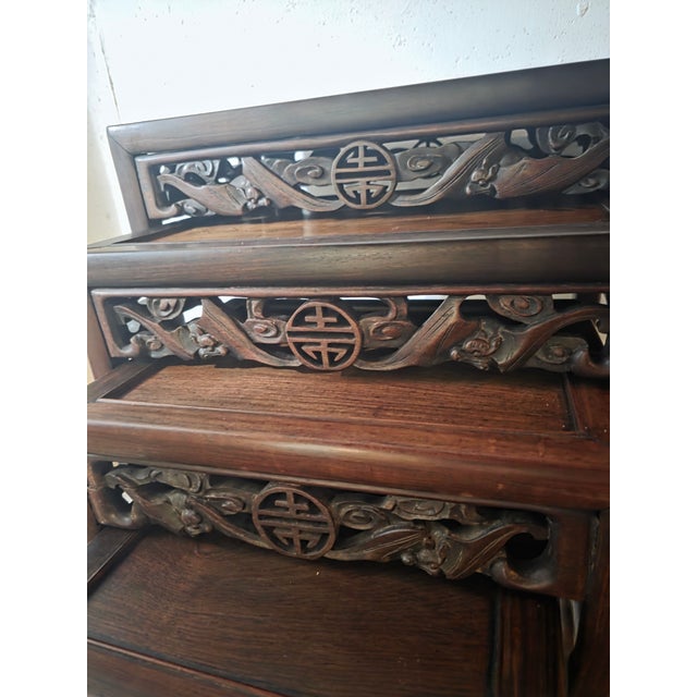 Brown Set of 1930s Chinese Carved Hardwood Nesting Tables With Traditional Fretwork and Longevity Symbols For Sale - Image 8 of 9