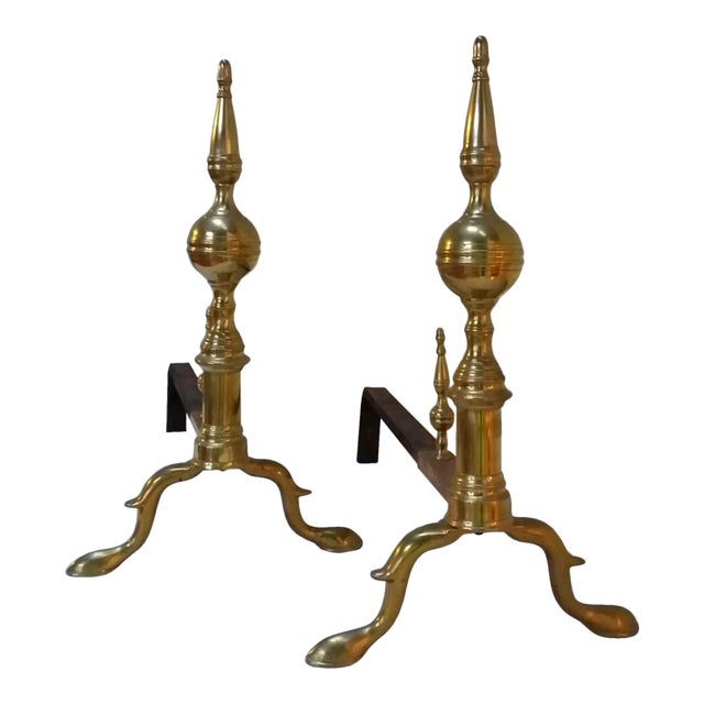 Antique American Brass Andirons - A Pair For Sale