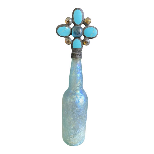 Turquoise Stone & Amber Glass Art Glass Bottle For Sale