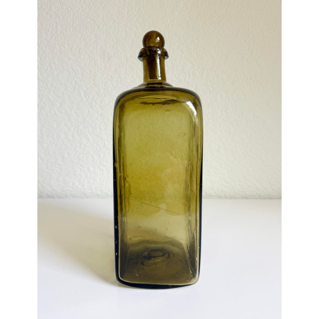 Vintage Olive Green Blown Glass Decanter Bottle For Sale - Image 4 of 7