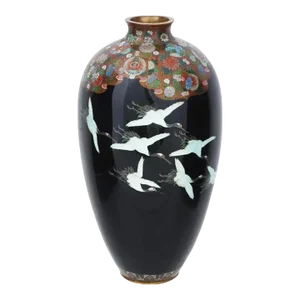 Large Antique Meiji Japanese Cloisonne Enamel Flying Cranes Vase