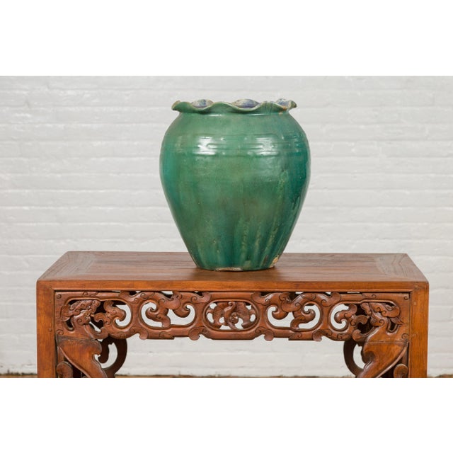 Mid 19th Century Antique Vietnamese or Chinese Green Glazed Vase with Scalloped Lip For Sale - Image 5 of 13