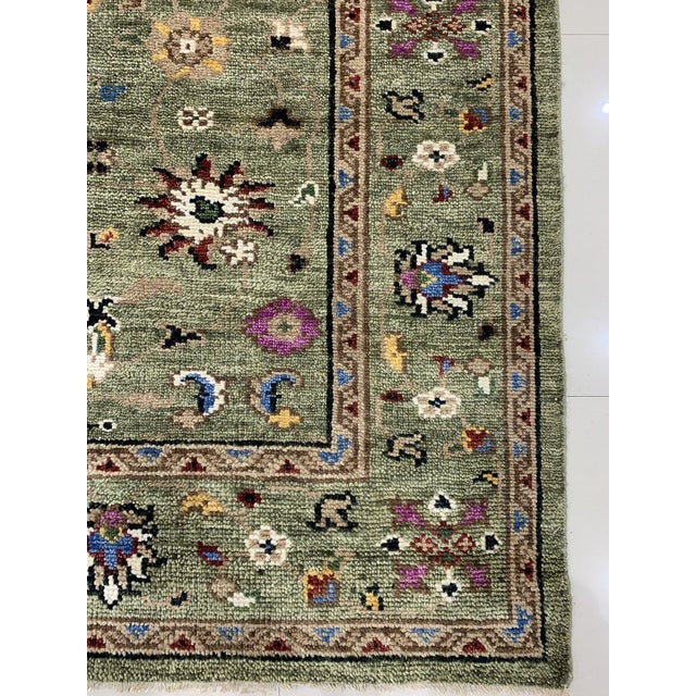Transitional 8x10 Light Green Floral Oushak Style Hand-Knotted Wool Rug For Sale - Image 3 of 4