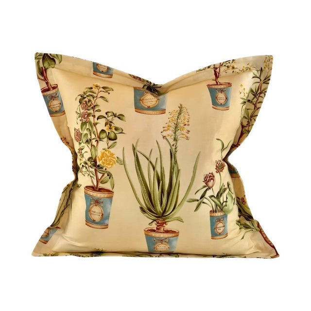 Hand-Printed European Fabricut Vervain Botanique Green Rusty-Red Turquoise Yellow Botanical Potted Floral Pillow Covers- 24" Pair For Sale In Jacksonville, FL - Image 6 of 10