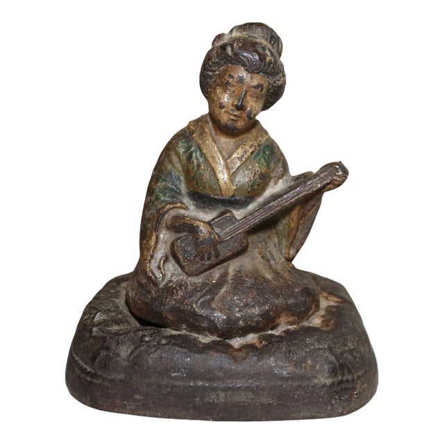 Rare Antique Hubley Cast Iron Japanese Girl Instrument Heavy Figural Doorstop For Sale