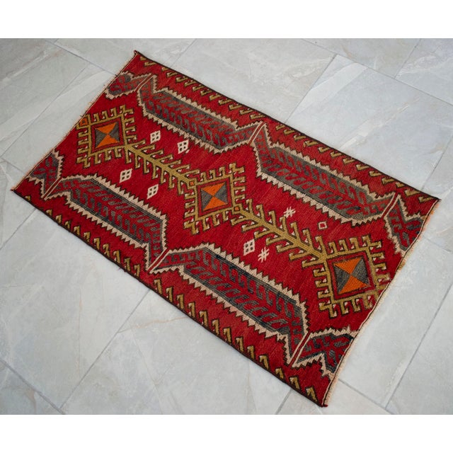 This handwoven Sumac weave vintage Kilim rug has fun & cheerful colors. Dimensions: 22.4 x 37.4 inches. Origin: Anatolia...