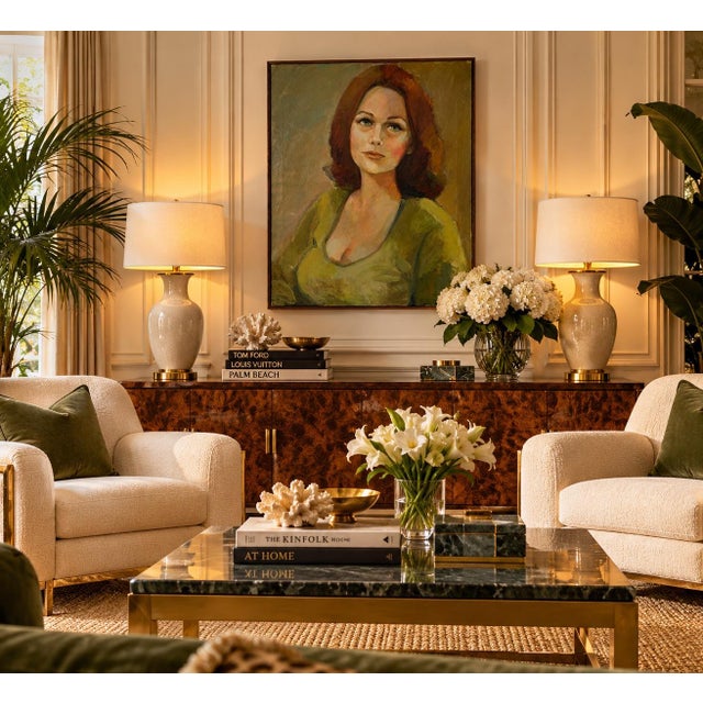 Beautiful 1970s vintage oil on canvas portrait depicting an elegant red-haired woman with expressive green eyes, wearing...