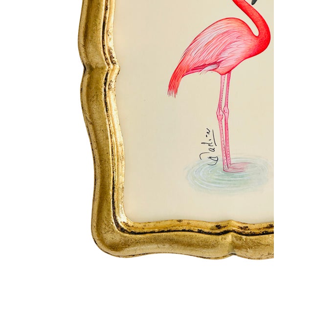 Hollywood Regency Original Hand-Painted Flamingo Painting Framed in a Vintage Italian Frame For Sale - Image 3 of 3