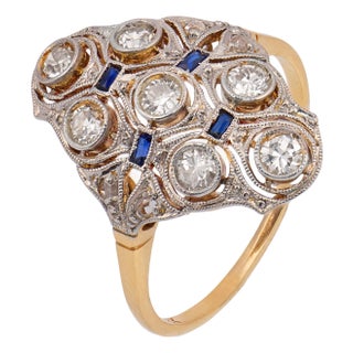 1900-1909 Edwardian Diamond Sapphire Two Tone Navette Ring, Size 5 For Sale