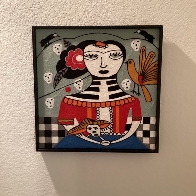 Frida Kahlo Picasso Inspired Yarn Fiber Knit Wall Art Day of the Dead Hispanic Skull Graphics Tropical Bird For Sale - Image 9 of 9