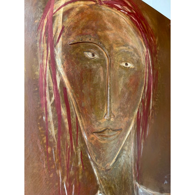 Vintage Mixed Media Metal Female Portrait Wall Art – Sculptural Painted Panel For Sale - Image 11 of 12