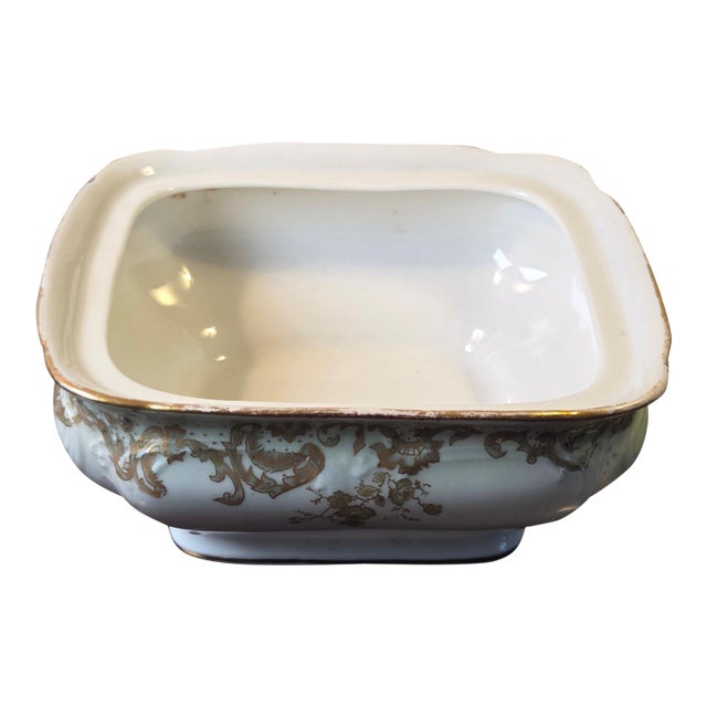 Antique Elite Works Limoges 9” Square Vegetable Bowl - Celadon Dots & Gilded Scrolls For Sale