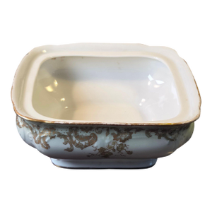 Antique Elite Works Limoges 9” Square Vegetable Bowl - Celadon Dots & Gilded Scrolls