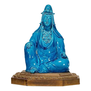 Antique Early 20th Century Chinese Qing Monochrome Porcelain Turquoise Glaze Guanyin or Kwan Yin by Pān Zhàotáng Mounted on French Bronze Base