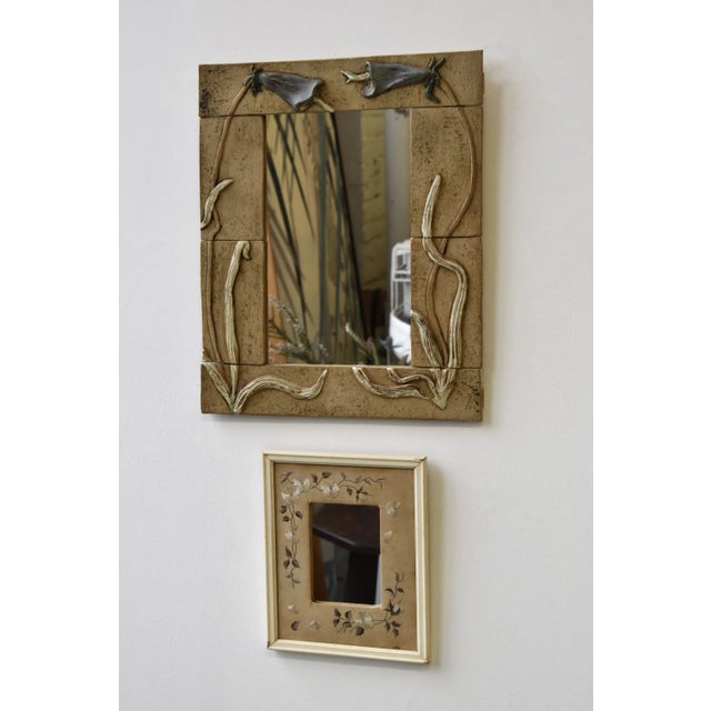Farmhouse Antique Small-Scale Silk Floral Embroidered Linen Mat Mirror, Circa 1920s-30s For Sale - Image 3 of 15