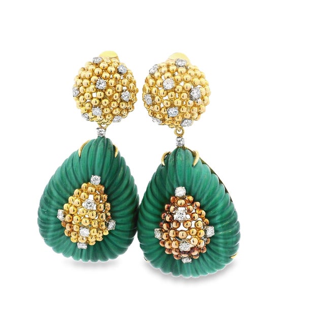 Vintage Italian 18k Gold Diamond & Carved Malachite Convertible Drop Earrings, 1970s, A Pair For Sale In Miami - Image 6 of 9