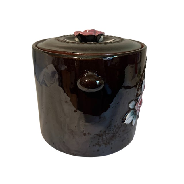 Vintage 1940s Redware Ceramic Roses Cookie Jar Canister - Made in Occupied Japan For Sale - Image 4 of 6