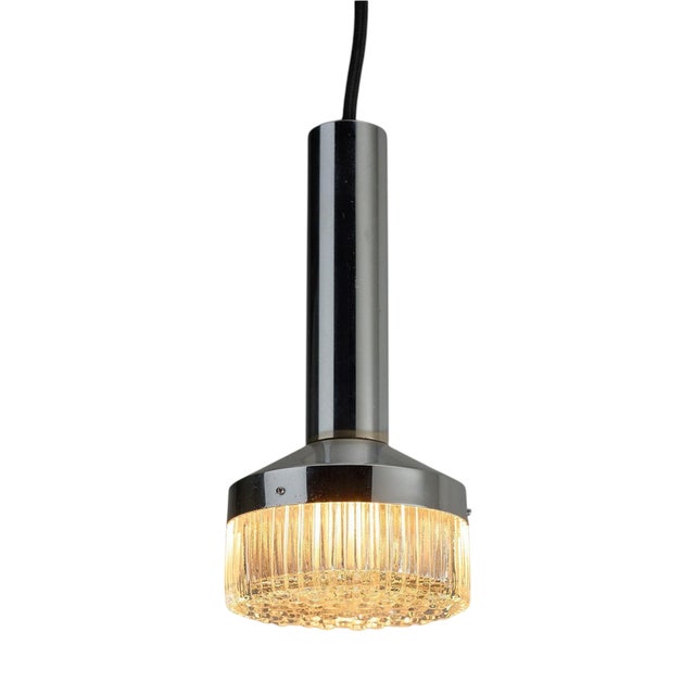 Chrome Tube Pendant Light with Textured Glass Lens, 1970s For Sale