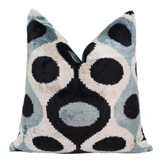 Blue & Black Ikat Silk Velvet Throw Pillow 20x20 | Handmade Designer Accent Pillow For Sale