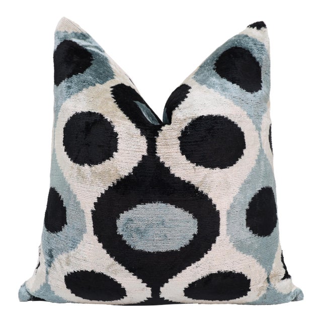 Blue & Black Ikat Silk Velvet Throw Pillow 20x20 | Handmade Designer Accent Pillow For Sale